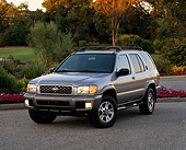 AUT 15 RK0346 03
2001 Nissan Pathfinder SE 4x4 Silver 3/4 Front View On Pavement By Flowers And Trees