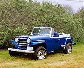 AUT 15 RK0890 03
1948 Willys Jeepster Convertible White And Blue Front 3/4 View On Dry Grass By Bushes