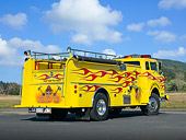 AUT 16 RK0191 01
1973 Ford Howe Fire Engine Yellow With Red Flames 3/4 Rear View On Pavement