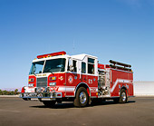 AUT 16 RK0045 06
2000 Pierce Saber 1500 GPM Pumper Fire Truck Red 3/4 Front View On Pavement Blue Sky