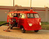 AUT 16 RK0046 04
1958 Volkswagen Fire Truck Safety Vehicle Red 3/4 Front View By Wall