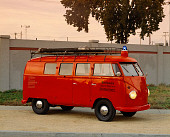AUT 16 RK0049 01
1958 Volkswagen Fire Truck Safety Vehicle Red 3/4 Front View By Wall