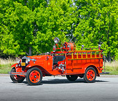 AUT 16 RK0144 01
1930 Ford Model A Fire Truck Red 3/4 Front View By Trees