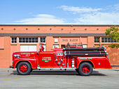 AUT 16 RK0157 01
1954 Ahrens-Fox Fire Truck Red Profile View By Building