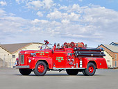 AUT 16 RK0161 01
1954 Ahrens-Fox Fire Truck Red 3/4 Front View By Building