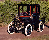 AUT 17 RK0031 03
1908 Franklin G Brougham Black 3/4 Front View On Dirt By Bushes
