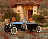 AUT 18 RK0018 05
1924 Rolls Royce Silver Ghost Boattail Speedster Black 3/4 Side View On Driveway By House