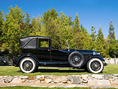 AUT 18 RK0315 01
1928 Lincoln L-Series Collapsible Cabriolet Black Profile View On Grass By Trees