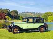 AUT 18 RK0328 01
1927 Buick Master Six Brougham Sedan Green And Black 3/4 Front View On Grass By Lake