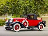 AUT 18 RK0750 01
1929 Franklin Convertible Coupe Red 3/4 Front View On Pavement By Trees