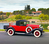 AUT 18 RK0752 01
1929 Franklin Convertible Coupe Red 3/4 Front View On Pavement By Lake