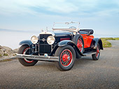 AUT 18 RK0766 01
1928 La Salle 303 Roadster Black And Orange 3/4 Front View On Pavement By Water