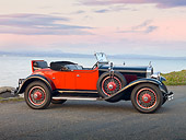 AUT 18 RK0767 01
1928 La Salle 303 Roadster Black And Orange Profile View On Pavement By Water