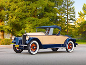 AUT 18 RK0769 01
1925 Pierce-Arrow Model 80 Blue And Brown 3/4 Front View On Pavement By Trees