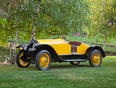 AUT 18 RK0781 01
1920 Stutz Bearcat Yellow 3/4 Side View On Grass By Pond And Trees