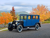 AUT 18 RK0782 01
1923 Columbia 5 Passenger Sedan Blue And Black 3/4 Front View On Pavement By Autumn Trees
