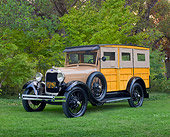 AUT 18 RK0794 01
1929 Ford Station Wagon Manilla Brown 3/4 Front View On Grass By Trees
