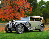 AUT 18 RK0828 01
1923 Hispano Suiza H6-B Million-Guet Touring French Gray 3/4 Side View On Grass By Trees