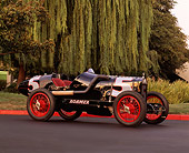 AUT 18 RK0021 03
1920 Roamer Boardtrack Racing Car Black 3/4 Front View On Pavement By Trees