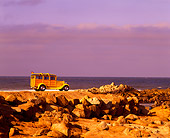 AUT 18 RK0043 03
1929 Ford Woody Yellow With Surfboard 3/4 Rear View By Rocks And Ocean Filtered