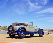 AUT 18 RK0087 01
1926 Locomobile Convertible Blue And Gray 3/4 Rear View On Pavement By Water
