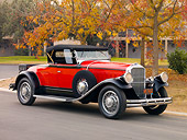 AUT 18 RK0325 01
1929 Pierce-Arrow Series 133 Roadster Red And Black 3/4 Front View On Pavement By Trees