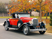 AUT 18 RK0326 01
1929 Pierce-Arrow Series 133 Roadster Red And Black 3/4 Front View On Pavement By Trees