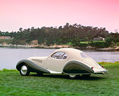 AUT 19 RK0434 05
1938 Talbot Lago Tear Drop Coupe Green 3/4 Rear View On Grass By Water Red Sky Pebble Beach
