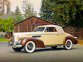 AUT 19 RK0749 01
1939 La Salle Series 50 Convertible Cream And Brown 3/4 Front View On Pavement By Barn