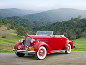 AUT 19 RK0752 01
1936 Packard 120 Convertible Coupe Red 3/4 Front View On Pavement By Hills