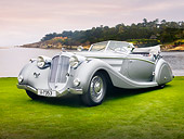 AUT 19 RK0760 01
1937 Horch 853 Voll & Ruhrbeck Sport Cabriolet Silver 3/4 Front View On Grass By Ocean