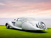 AUT 19 RK0761 01
1937 Horch 853 Voll & Ruhrbeck Sport Cabriolet Silver 3/4 Rear View On Grass By Ocean