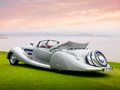 AUT 19 RK0762 01
1937 Horch 853 Voll & Ruhrbeck Sport Cabriolet Silver 3/4 Rear View On Grass By Ocean