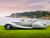 AUT 19 RK0765 01
1937 Horch 853 Voll & Ruhrbeck Sport Cabriolet Silver Profile View On Grass By Ocean
