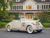 AUT 19 RK0840 01
1935 Packard Convertible 1201 Cream 3/4 Side View On Pavement By House