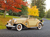 AUT 19 RK0875 01
1932 Chrysler Convertible Coupe Beige 3/4 Front View On Pavement By Autumn Trees