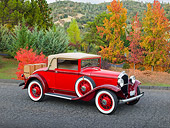 AUT 19 RK0887 01
1931 Plymouth Convertible Coupe Red 3/4 Front View On Pavement By Autumn Trees