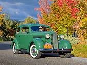 AUT 19 RK0893 01
1936 Pontiac Touring Sedan Green 3/4 Front View On Pavement By Autumn Trees