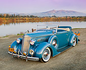 AUT 19 RK0913 01
1936 Packard 120 Convertible Blue 3/4 Front View On Gravel By Lake