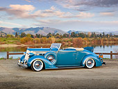 AUT 19 RK0914 01
1936 Packard 120 Convertible Blue 3/4 Side View On Gravel By Lake At Dusk