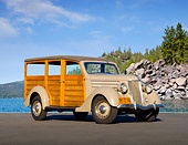 AUT 19 RK0931 01
1936 Ford Woodie Station Wagon Brown 3/4 Front View On Pavement By Lake And Trees