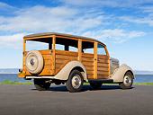 AUT 19 RK0932 01
1936 Ford Woodie Station Wagon Brown 3/4 Rear View On Pavement By Water