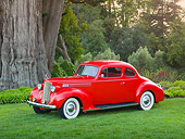 AUT 19 RK0955 01
1939 Packard 2/4-Passenger Coupe Red 3/4 Side View On Grass By Trees
