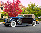 AUT 19 RK0976 01
1934 Lincoln K Dietrich Convertible Sedan Black 3/4 Side View On Pavement By House And Trees