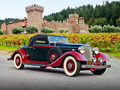 AUT 19 RK0980 01
1933 Lincoln KB Lebaron Convertible Coupe Black And Red 3/4 Front View On Pavement By Castle