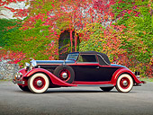 AUT 19 RK0982 01
1933 Lincoln KB Lebaron Convertible Coupe Black And Red Profile View On Pavement By Ivy Covered Building