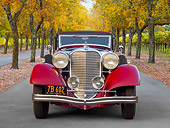 AUT 19 RK0983 01
1933 Lincoln KB Lebaron Convertible Coupe Black And Red Front View On Pavement By Autumn Trees