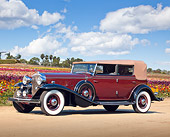 AUT 19 RK0996 01
1932 Cadillac V16 Convertible Sedan Maroon And Black 3/4 Side View On Dirt By Field Of Flowers