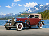 AUT 19 RK1002 01
1932 Cadillac V16 Convertible Sedan Maroon And Black 3/4 Side View On Pavement By Lake And Mountains