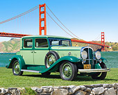 AUT 19 RK1008 01
1932 Franklin Club Sedan 3 Tone Green 3/4 Front View On Grass By Golden Gate Bridge